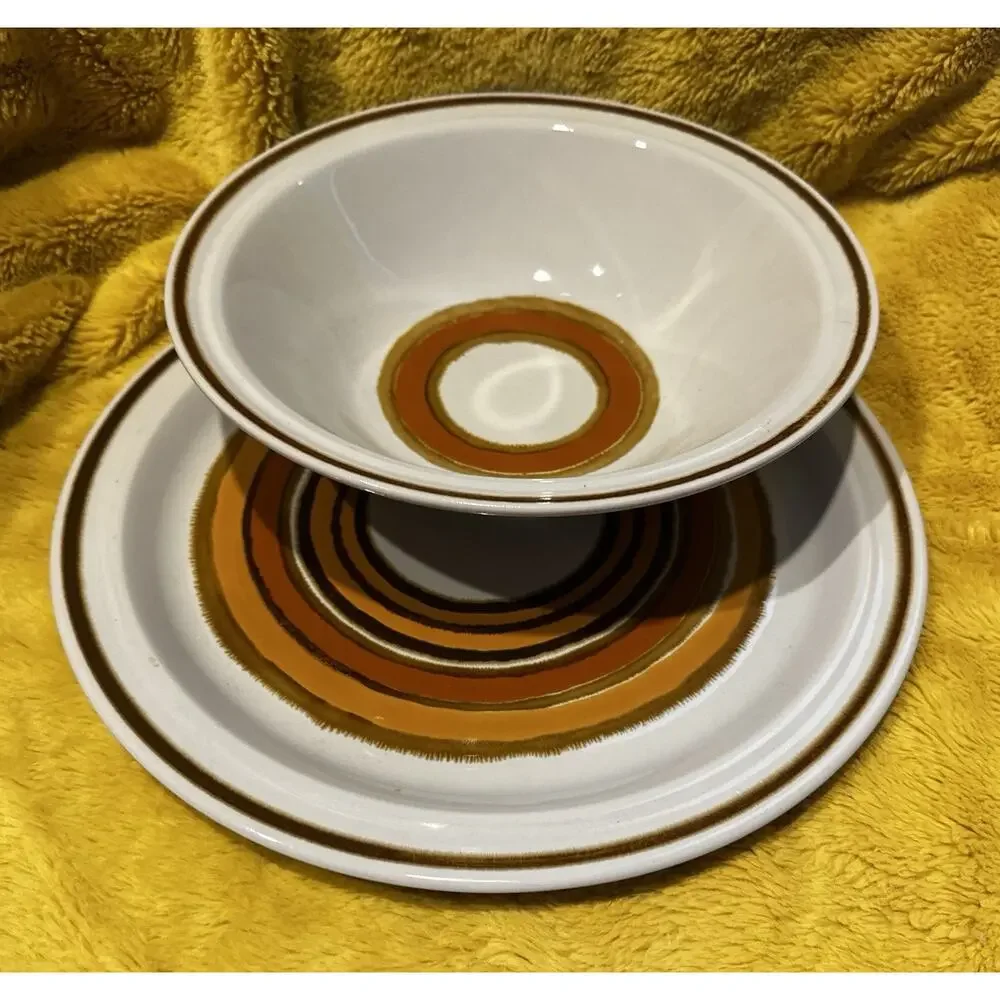 Acsons Corona Japan 1141 Stoneware Brown Orange Bands Chop Plate & Serving Bowl
